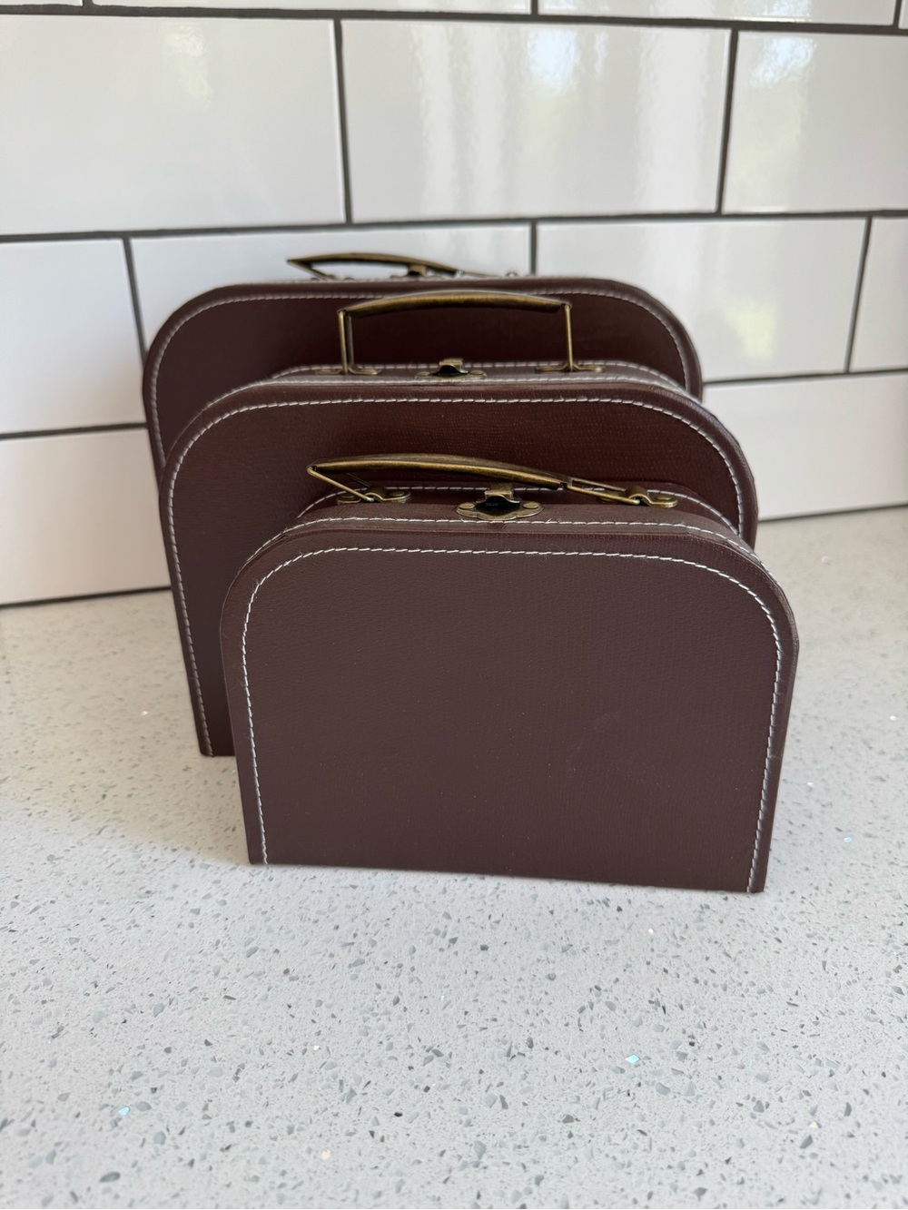 Wald Imports Decorative Storage Suitcases Set of 3 Brown Faux Lizard Embossed